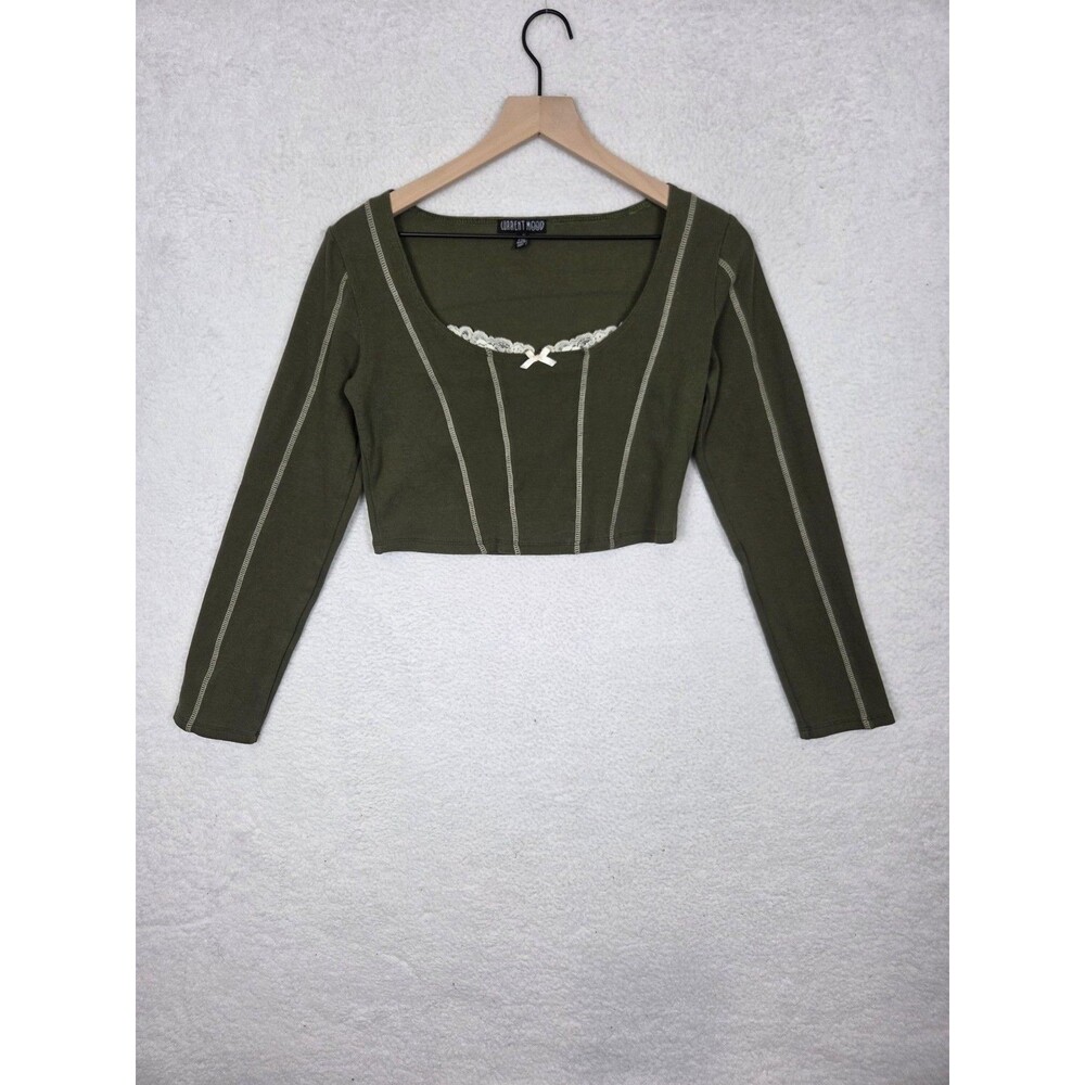 Current Mood Crop Top Juniors XL Green Lace Bow Long Sleeve Y2K Fairy‎ Grunge